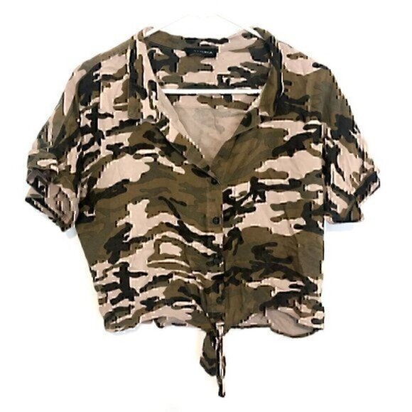 STORIA Brown Black Tan Camo Camouflage Short Sleeve Tie Button Down Crop Top M - Picture 2 of 12